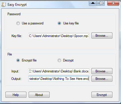 The screen for encrypting a file using a "key file" with Easy Encrypt.