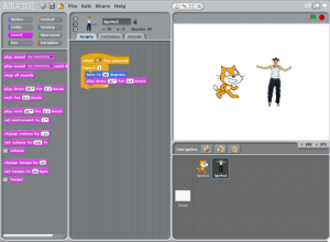 The main interface of Scratch showing several sprites and simple functions.