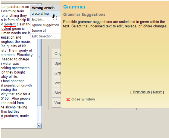 PaperRater's grammar correction tool.