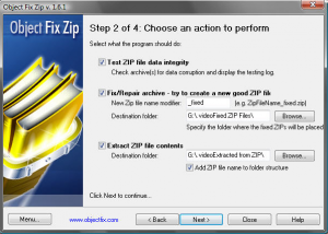 The operation selection screen of the Object Fix Zip wizard.
