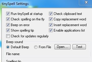 TinySpell-free spell check software-settings window