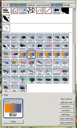 The brush panel in MyPaint.
