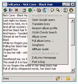 Some lyrics and a context menu shown in EvilLyrics.