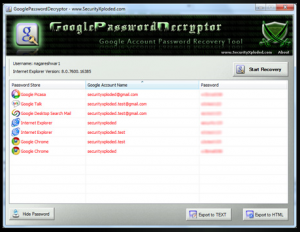 A list of Google Password Decryptor recoveries.