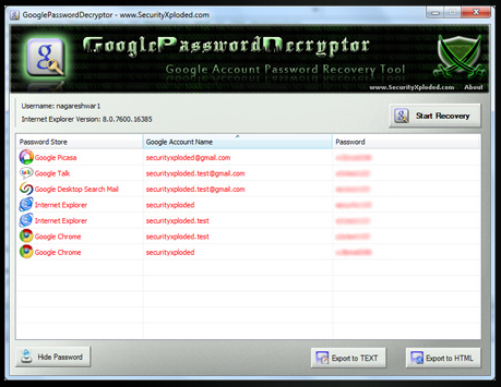 A list of Google Password Decryptor recoveries.