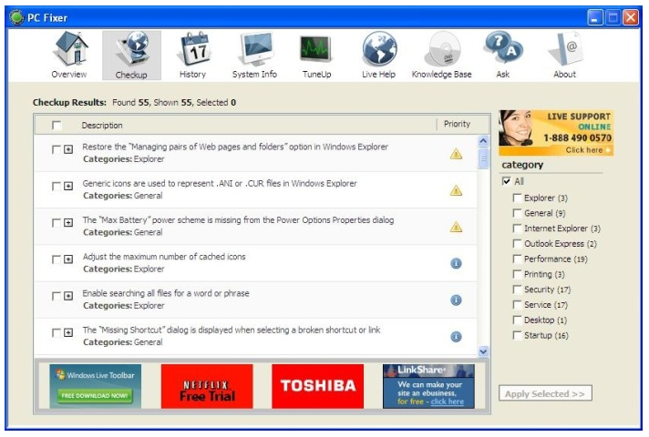 The interface of PC Fixer, the troubleshooting and problem solving tool.