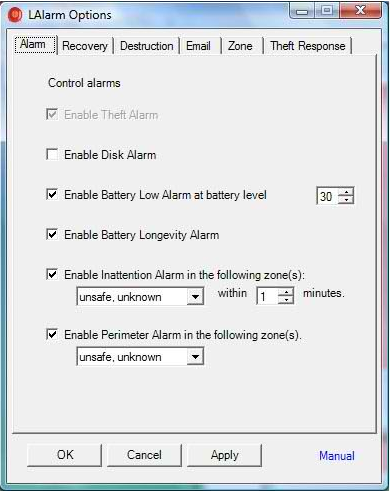 The options dialog box in LAlarm.