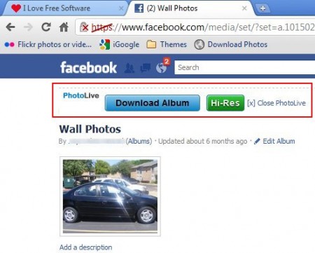 PhotoLive download button on Facebook
