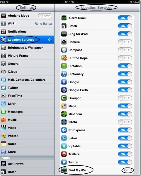 Find My iPad option