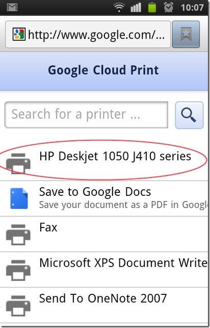 Printer list in Google Cloud Print