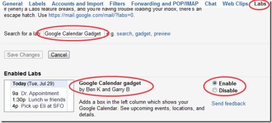 Gmail Calendar option
