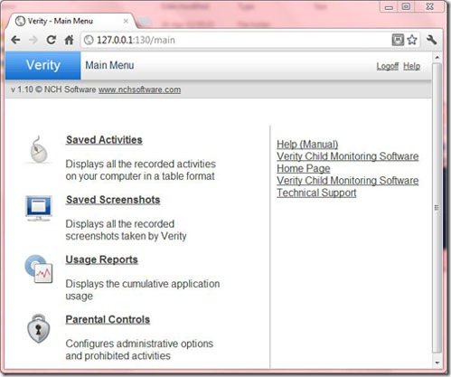 Verity Child Monitoring Software Main Menu