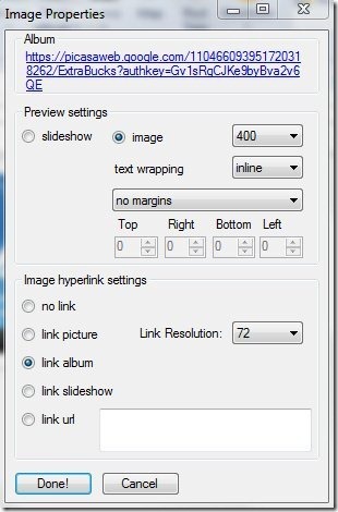 Picasa Image Plugin Properties
