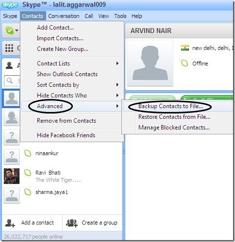 Skype Contacts backup