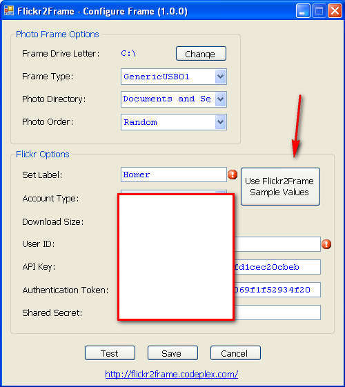 Flickr2Frame config window