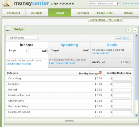 Yodlee Moneycenter budgeting