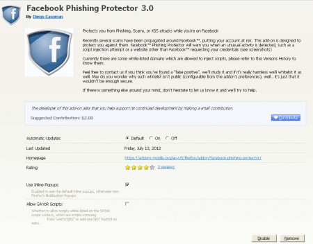 FB Phishing Protector options