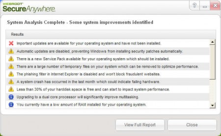 Webroot System Analyzer scan finished