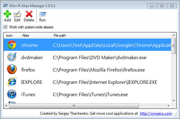 Win+R Alias Manager default window