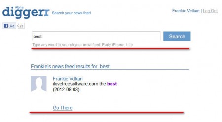 Diggerr searching Facebook News Feed