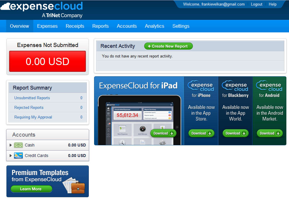 Expense Cloud default window