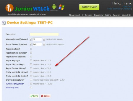 JuniorWatch device settings
