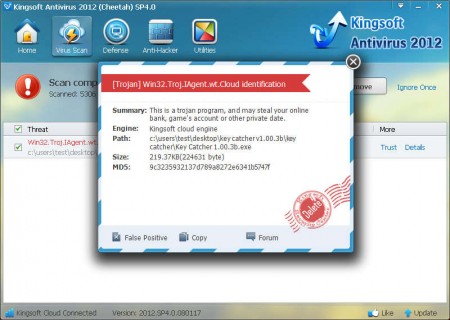 Kingsoft Antivirus 2012 dectected virus details