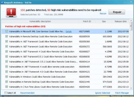 Kingsoft Antivirus 2012 patches detected install