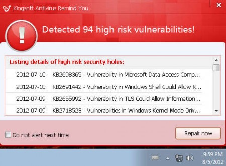 Kingsoft Antivirus 2012 problems detected