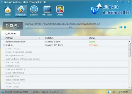 Kingsoft Antivirus 2012 quick scan running