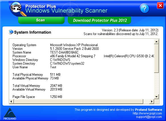 Protector Plus Vulnerability Scanner default window