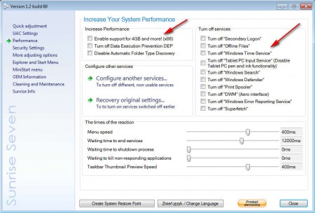 Sunrise Seven disable services speed