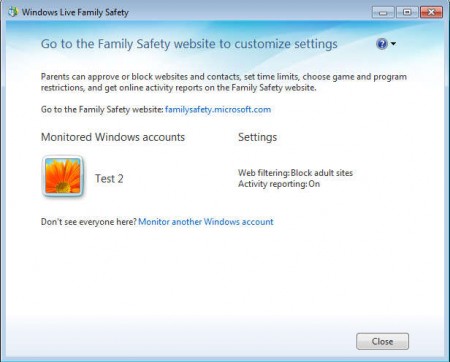 Windows Live Essentials 2012 Family Safety select user