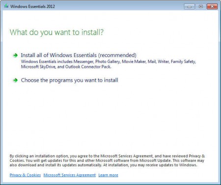 Windows Live Essentials 2012 install select