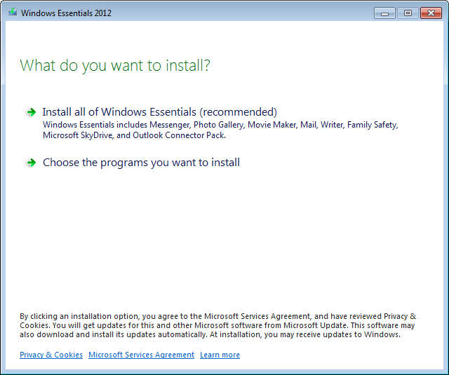 Windows Live Essentials 2012 install select