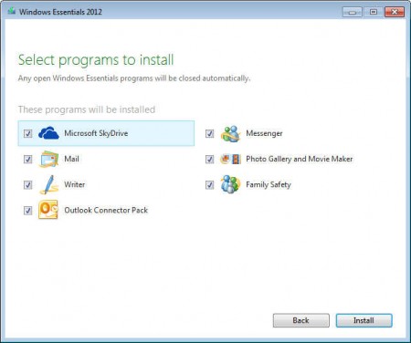 Windows Live Essentials 2012 install some apps