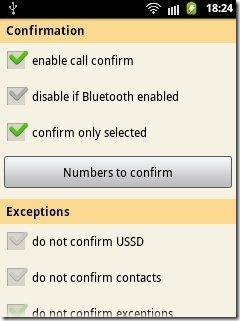 Call Confirmation settings
