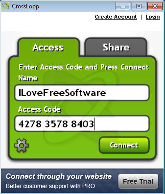 CrossLoop Sharing access tab