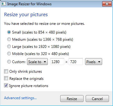 Image Resizer default window