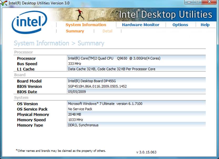 Intel Desktop Utilities default window