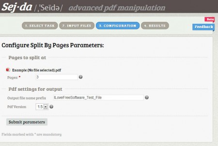 Sejda configuration pdf split online