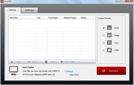 UniPDF to convert PDF files default window