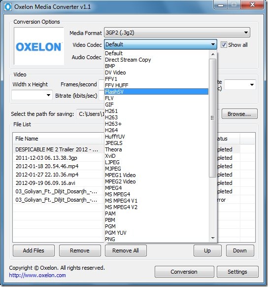 oxelon Media Converter codecs