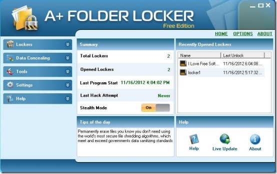 A  Folder Locker Free Edition home