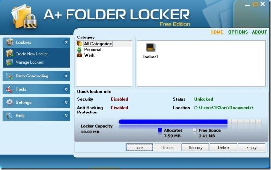 A  Folder Locker Free Edition manage