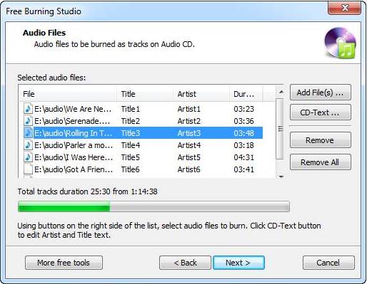 Free Burning Studio creating audio CD