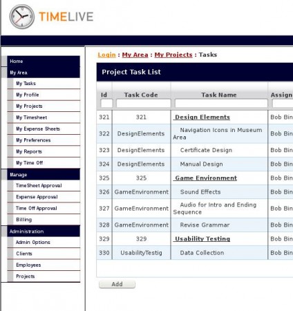 TimeLive adding project task