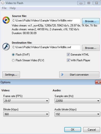 Video To Flash Converter selected files and settings