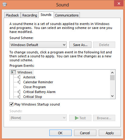 disable starup sound in window 8
