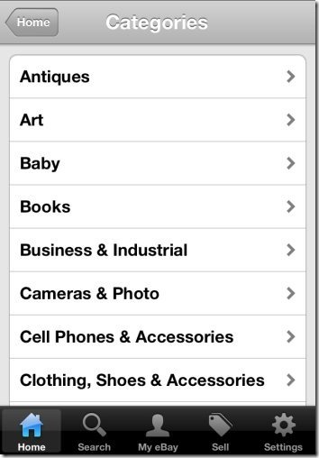 eBay for iPhone categories